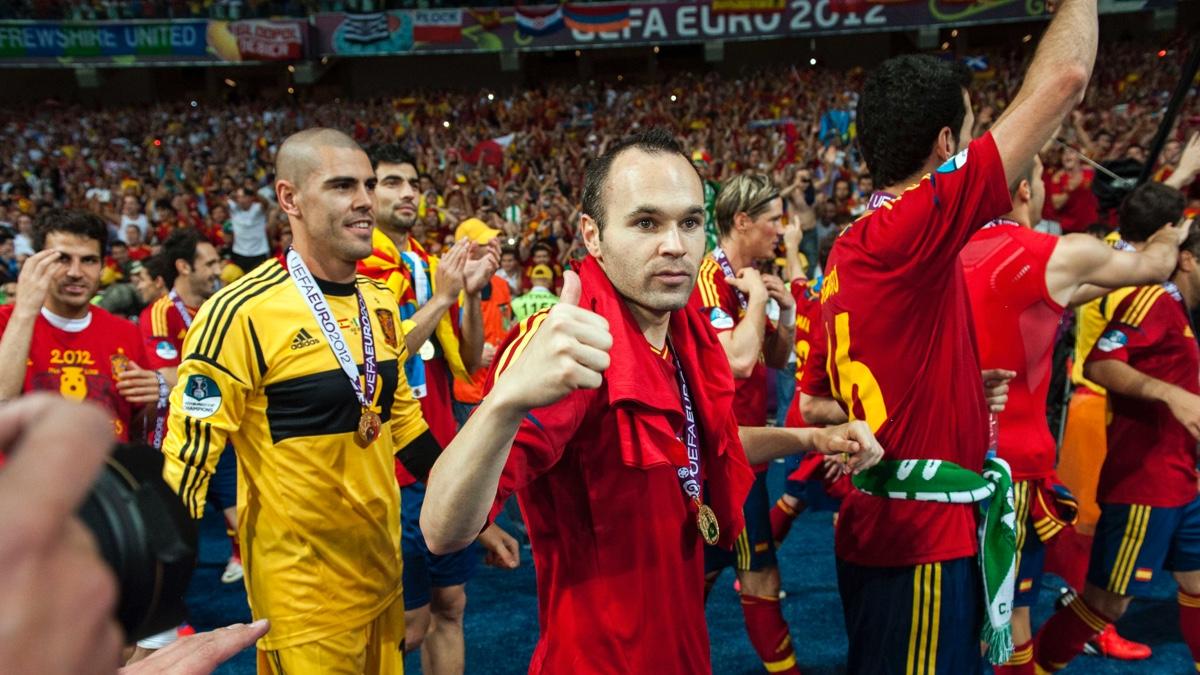 Andres Iniesta celebrating the Spain title in 2012