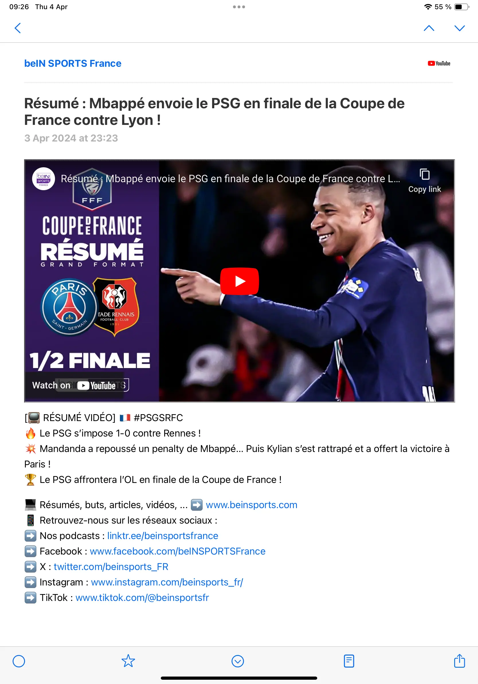 Un résumé de foot dont la page spoile le résultat.