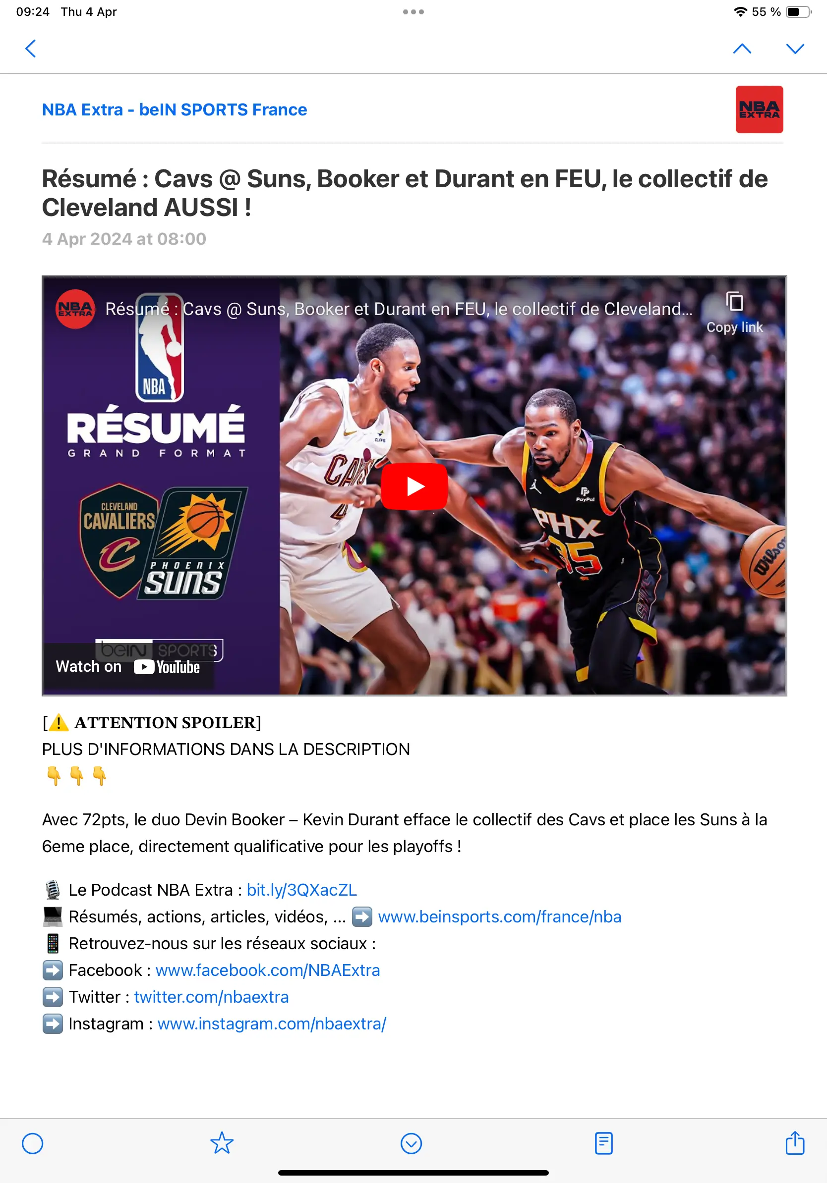 Un résumé de NBA dont la page ne spoile pas le résultat.
